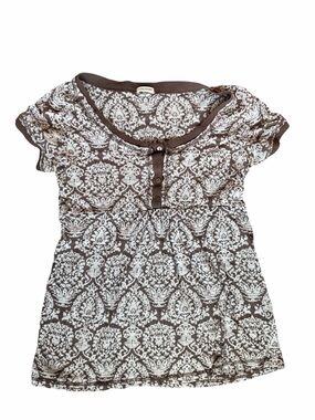 Y2K Brown & White Damask Pattern Short Sleeve Henley Baby Doll Top Small